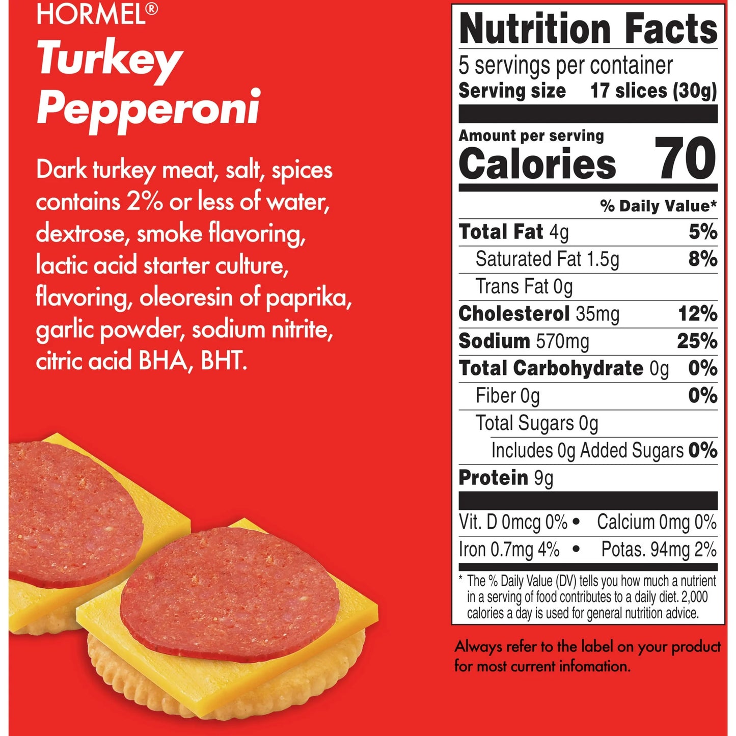 HORMEL, Turkey Pepperoni, Pizza Topping, Gluten Free, Original, Refrigerated, 5 Oz Bag