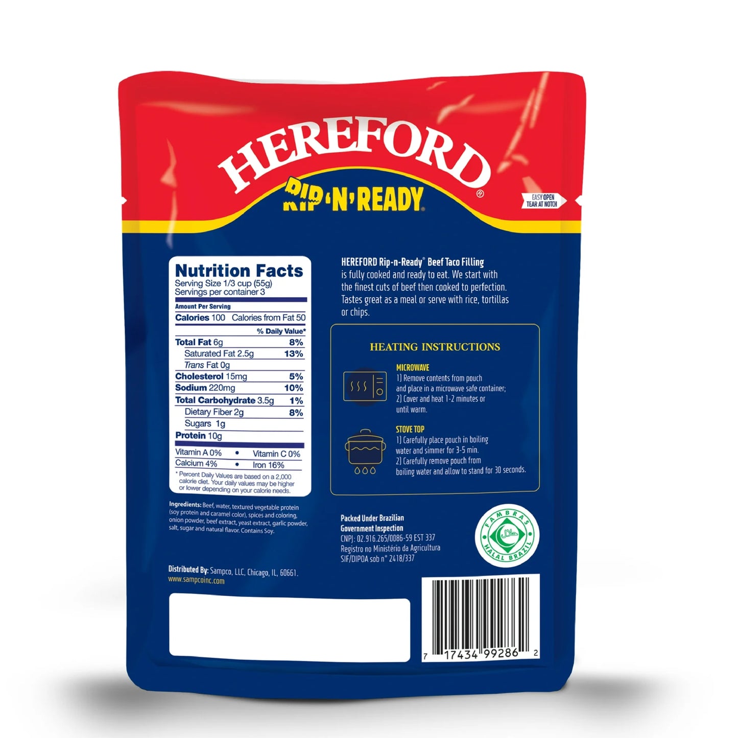 Hereford Fully Cooked Beef Taco Filling, Shelf Stable Pouch, 6 oz