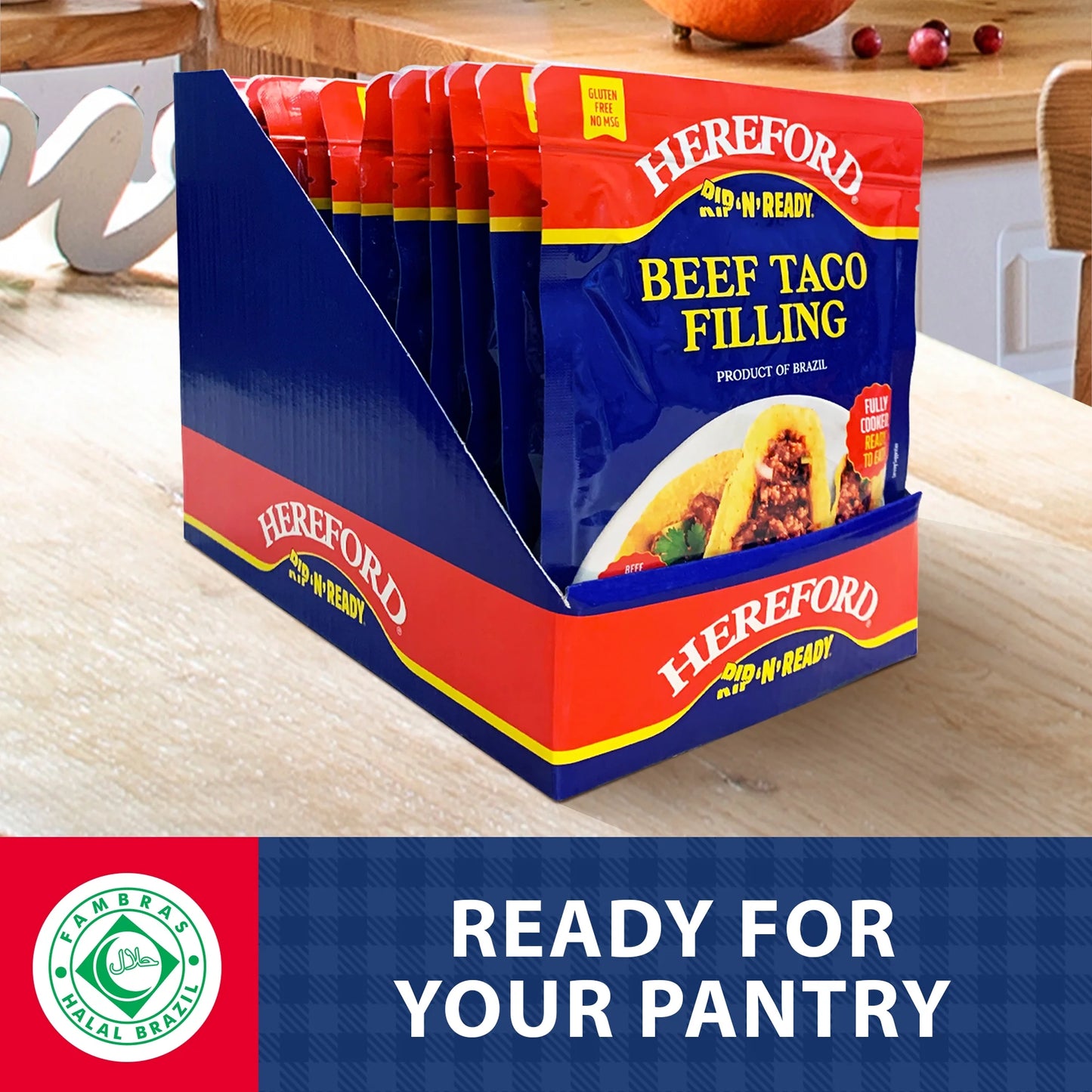 Hereford Fully Cooked Beef Taco Filling, Shelf Stable Pouch, 6 oz