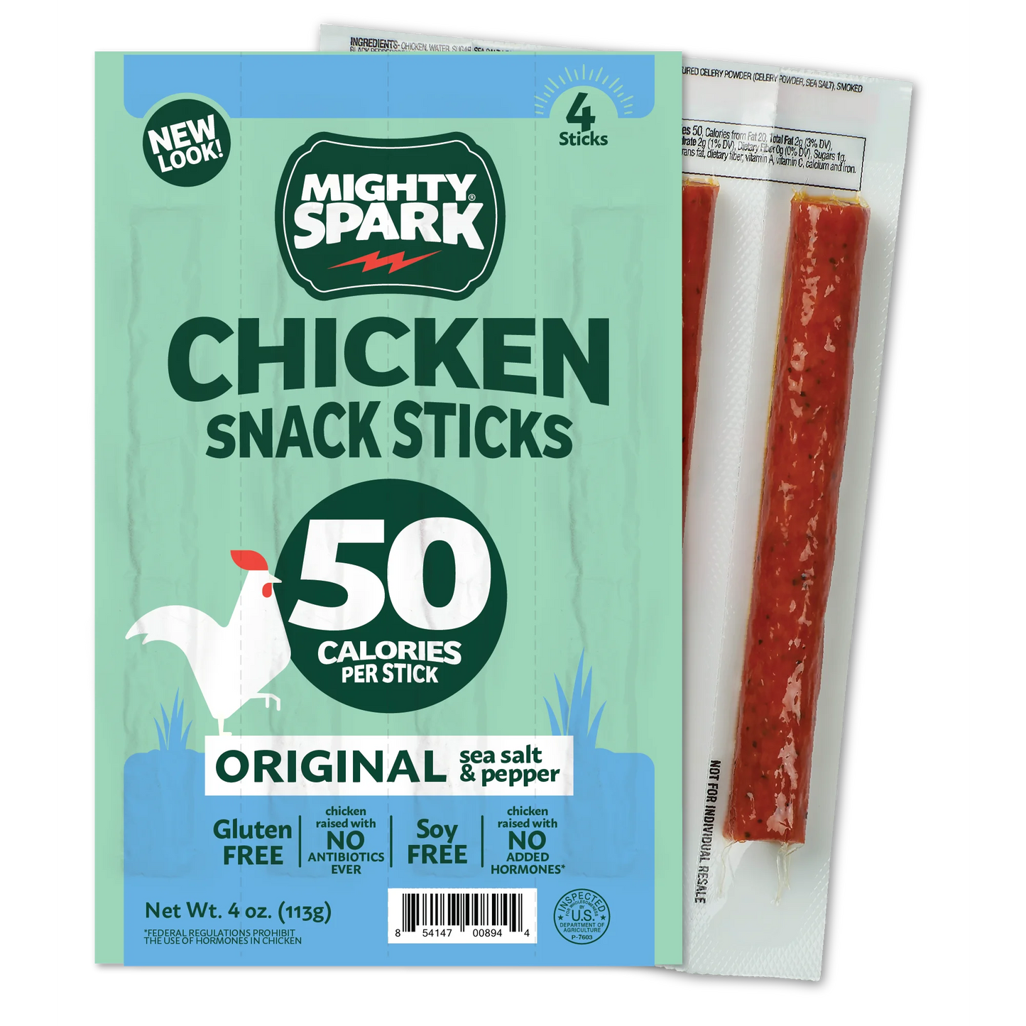 Mighty Spark Original Sea Salt & Pepper Chicken Snack Sticks, 4 oz, 4 Count Pack