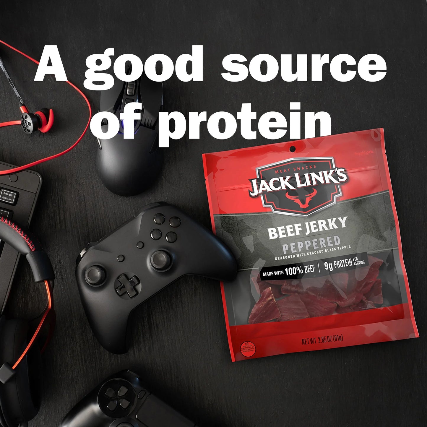 Jack Link’s Beef Jerky, Peppered, 100% Beef, 9g of Protein per Serving, 2.85 oz Bag