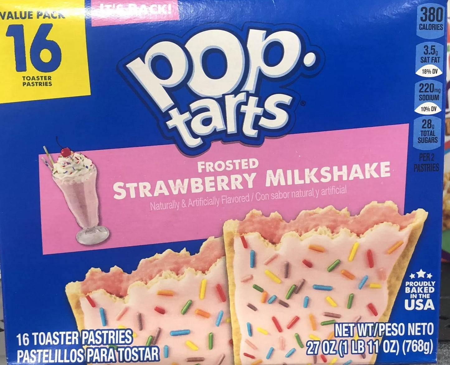 Pop-Tarts Frosted Strawberry Milkshake Toaster Pastries, Breakfast Foods, Shelf-Stable, 1 lb, 11 oz (16 Count)