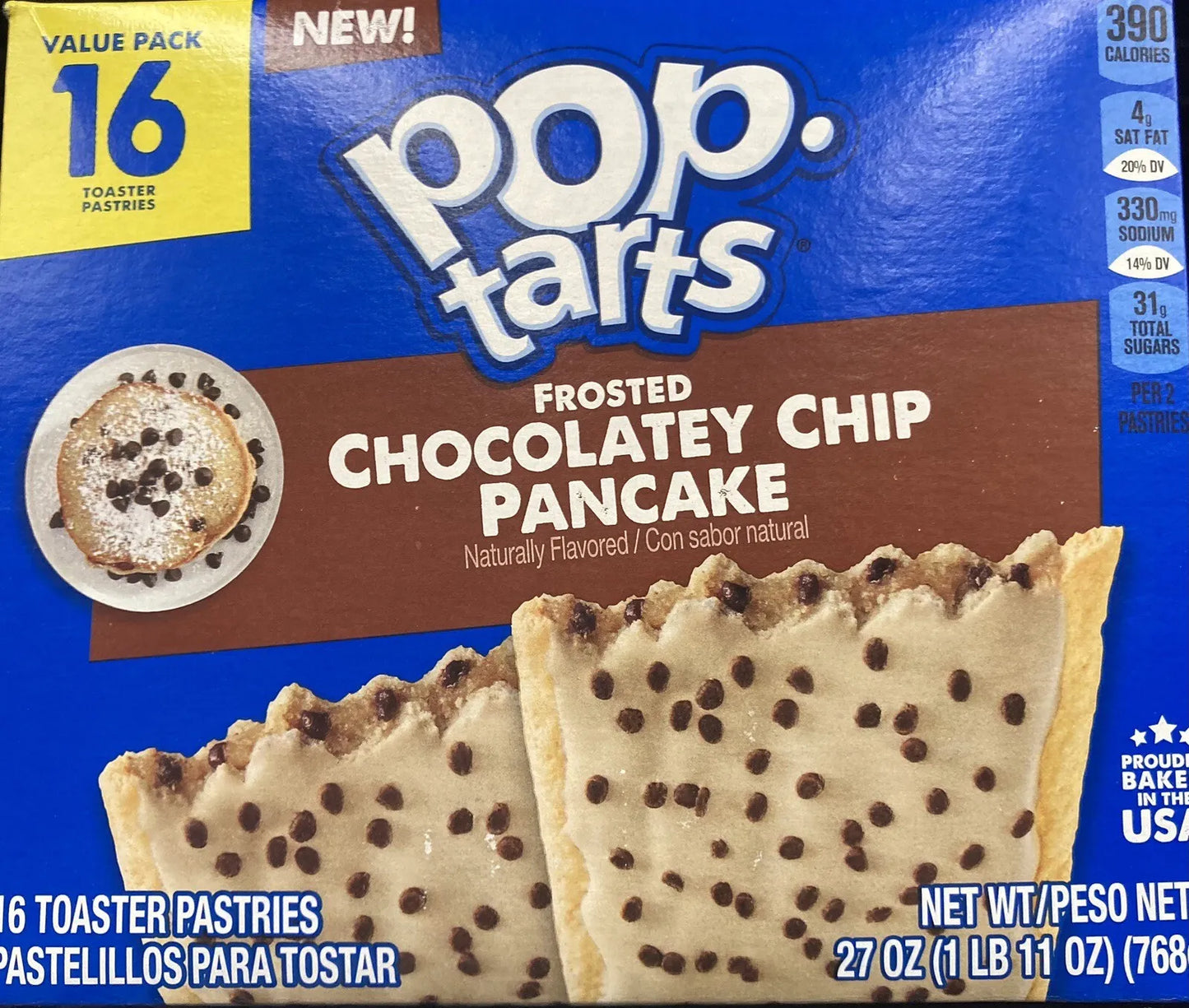 Pop-Tarts Frosted Chocolatey Chip Pancake Toaster Pastries, Breakfast Foods, Shelf-Stable, 1 lb 11 oz (16 Count)