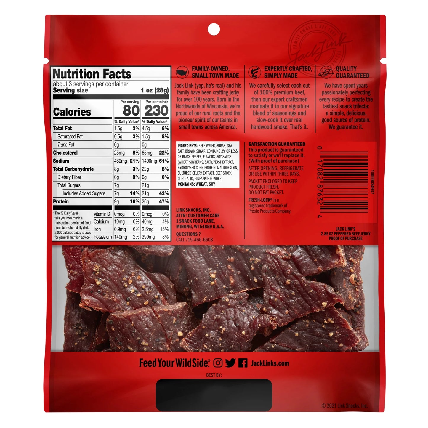 Jack Link’s Beef Jerky, Peppered, 100% Beef, 9g of Protein per Serving, 2.85 oz Bag