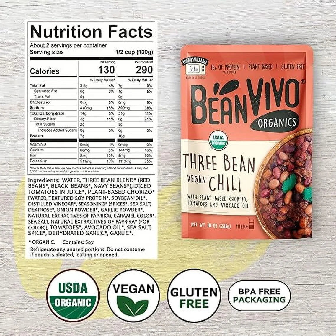 BeanVIVO Organics Three Bean Vegan Chili - Good Source of Fiber - Nutritious & Microwave Meals - Gluten-Free Plant Food - 10 oz Pouch