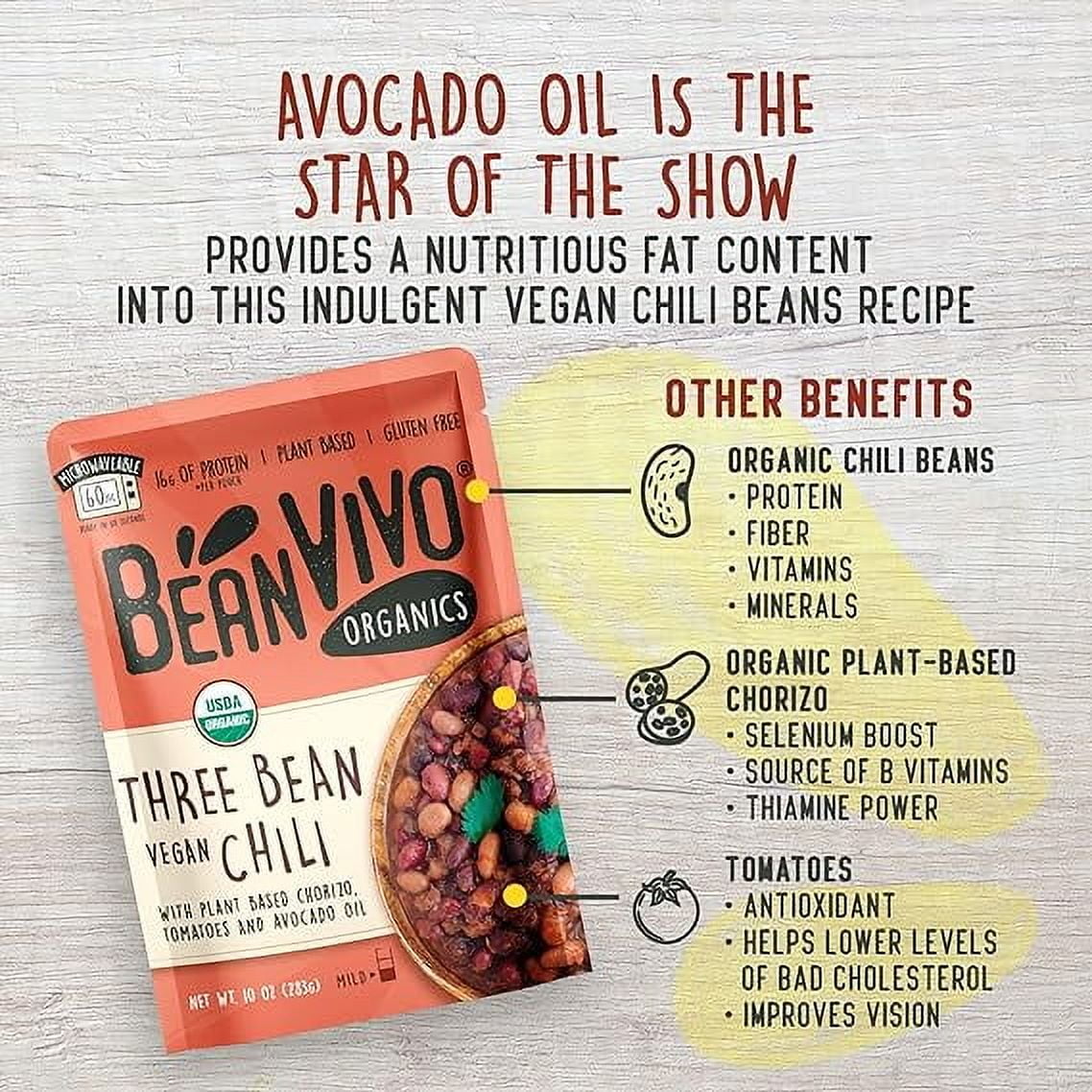 BeanVIVO Organics Three Bean Vegan Chili - Good Source of Fiber - Nutritious & Microwave Meals - Gluten-Free Plant Food - 10 oz Pouch