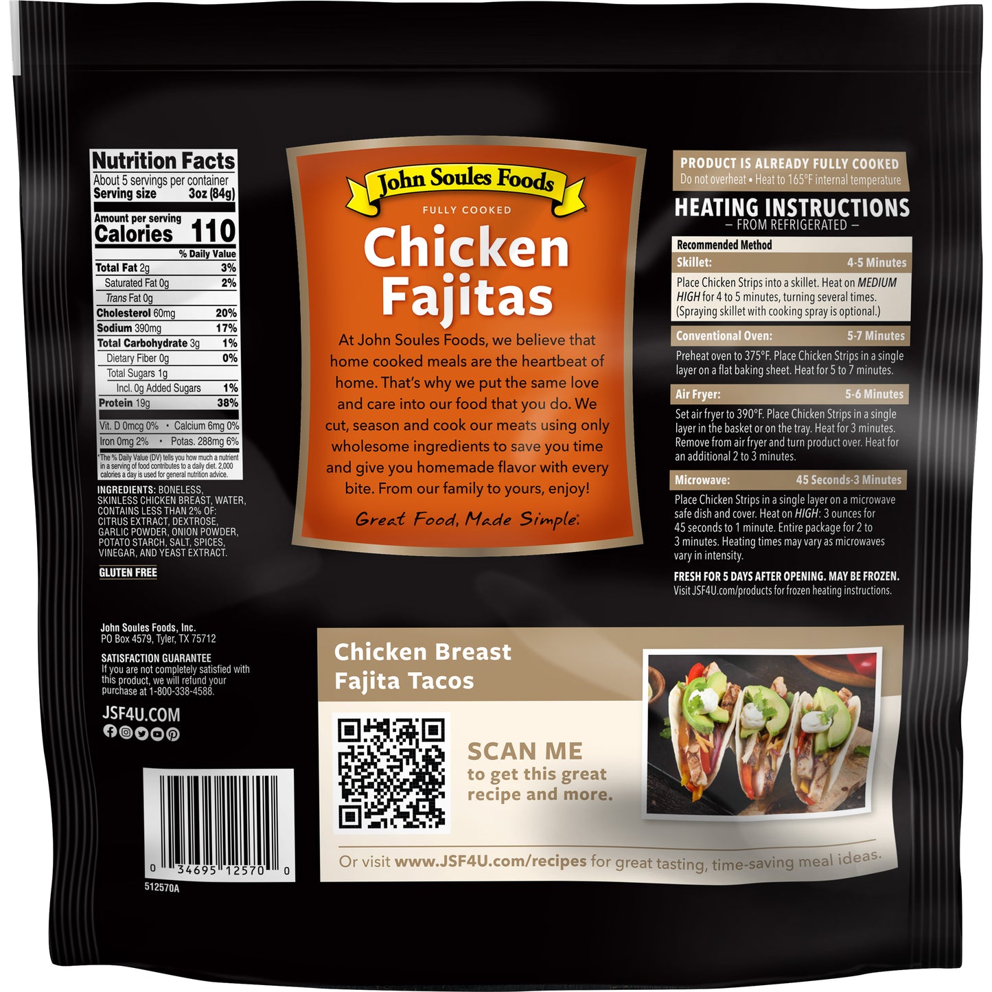 John Soules Foods Chicken Breast Fajita Strips, Refrigerated, 16oz, 18g Protein per 3oz Serving Size