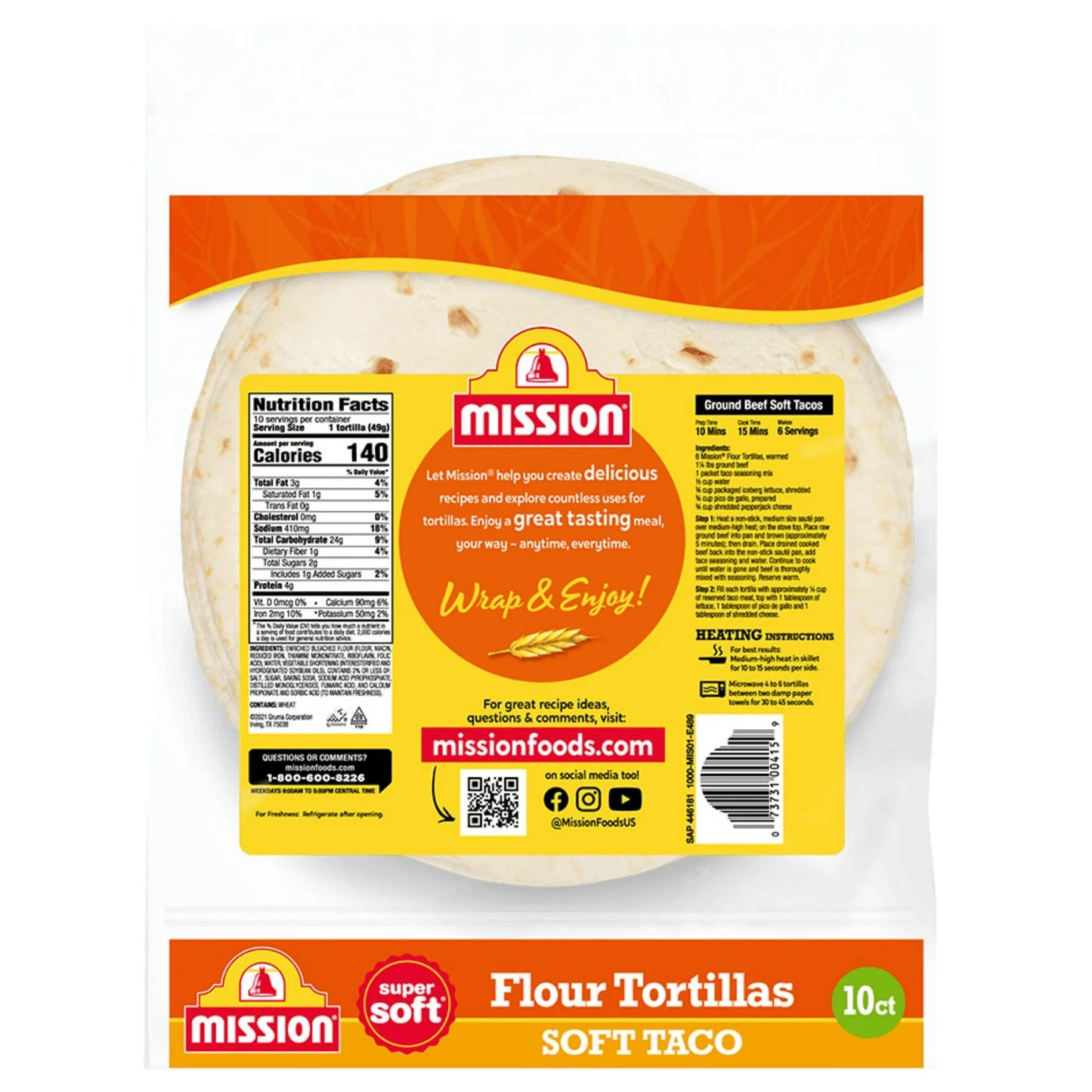 Mission Super Soft Flour Tortillas, Soft Taco Size, 10 Count, 1LB 1.5oz