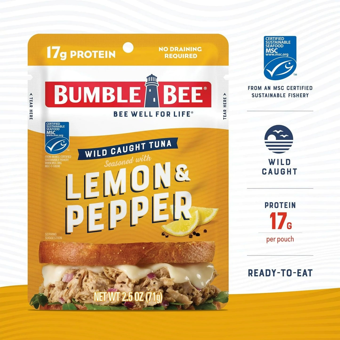 Bumble Bee Lemon & Pepper Seasoned Tuna, Ready to Eat Pouch, 17g of Protein per Serving, 2.5 Ounce