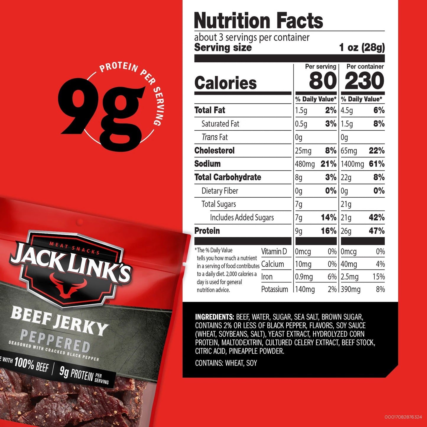 Jack Link’s Beef Jerky, Peppered, 100% Beef, 9g of Protein per Serving, 2.85 oz Bag