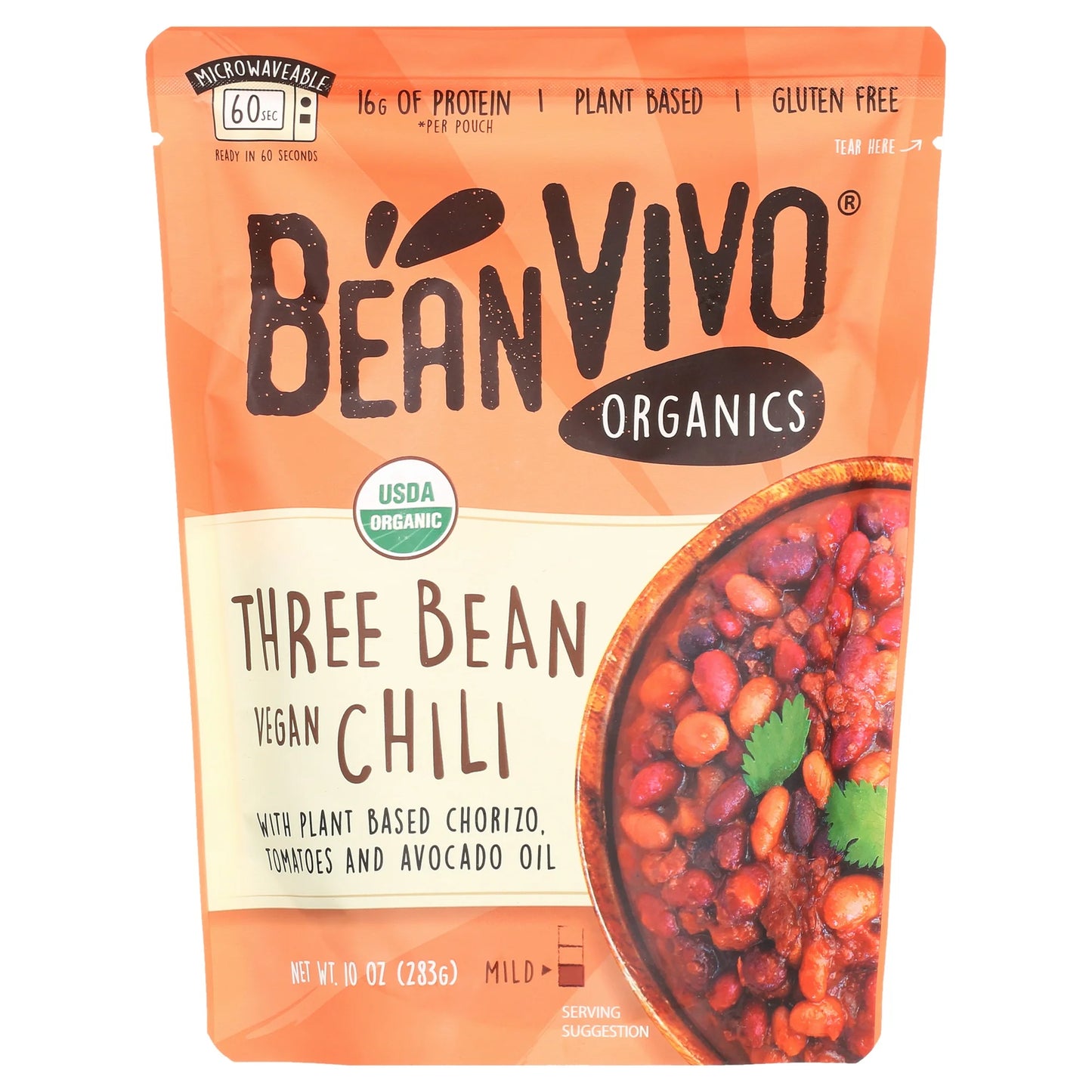 BeanVIVO Organics Three Bean Vegan Chili - Good Source of Fiber - Nutritious & Microwave Meals - Gluten-Free Plant Food - 10 oz Pouch