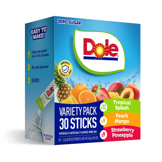 Dole Powder Drink Mix Variety Pack, Tropical, Peach Mango & Strawberry Pineapple, Sugar-Free, 2.85oz, 30 Ct