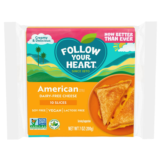 Follow Your Heart Gluten Free, Vegan, American Style Dairy Free Cheese Slices Pack, 7oz, 10 Count