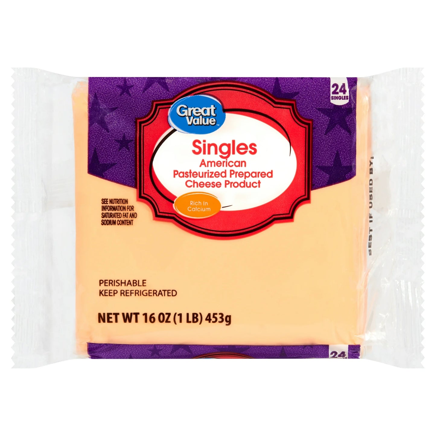 Great Value Singles American Pasteurized Prepared Cheese Product, 16oz, 24 Count