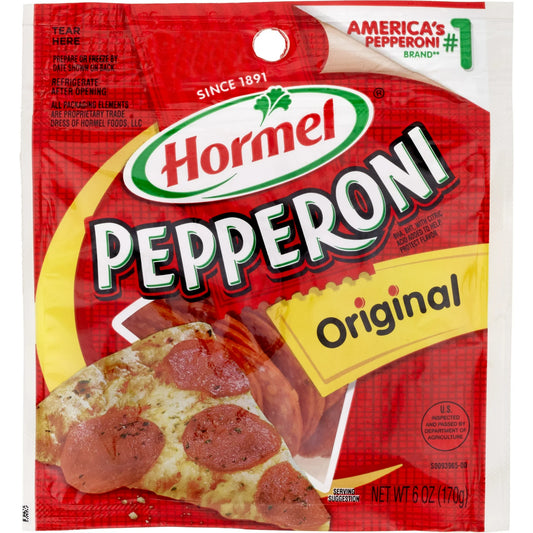 HORMEL Pepperoni, Pizza Topping, Gluten Free, Original, Refrigerated, 6 oz Plastic Resealable Package