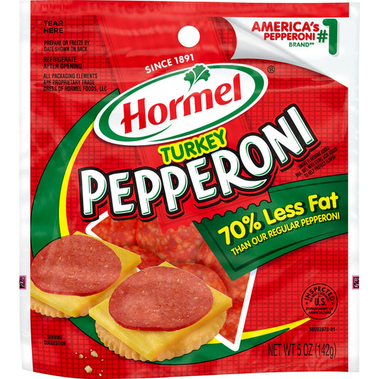 HORMEL, Turkey Pepperoni, Pizza Topping, Gluten Free, Original, Refrigerated, 5 Oz Bag