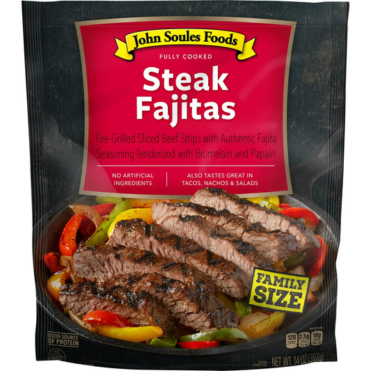 John Soules Foods, Fully Cooked, Steak Fajitas, Fire Grilled Beef Strips, Family Size, 14 oz