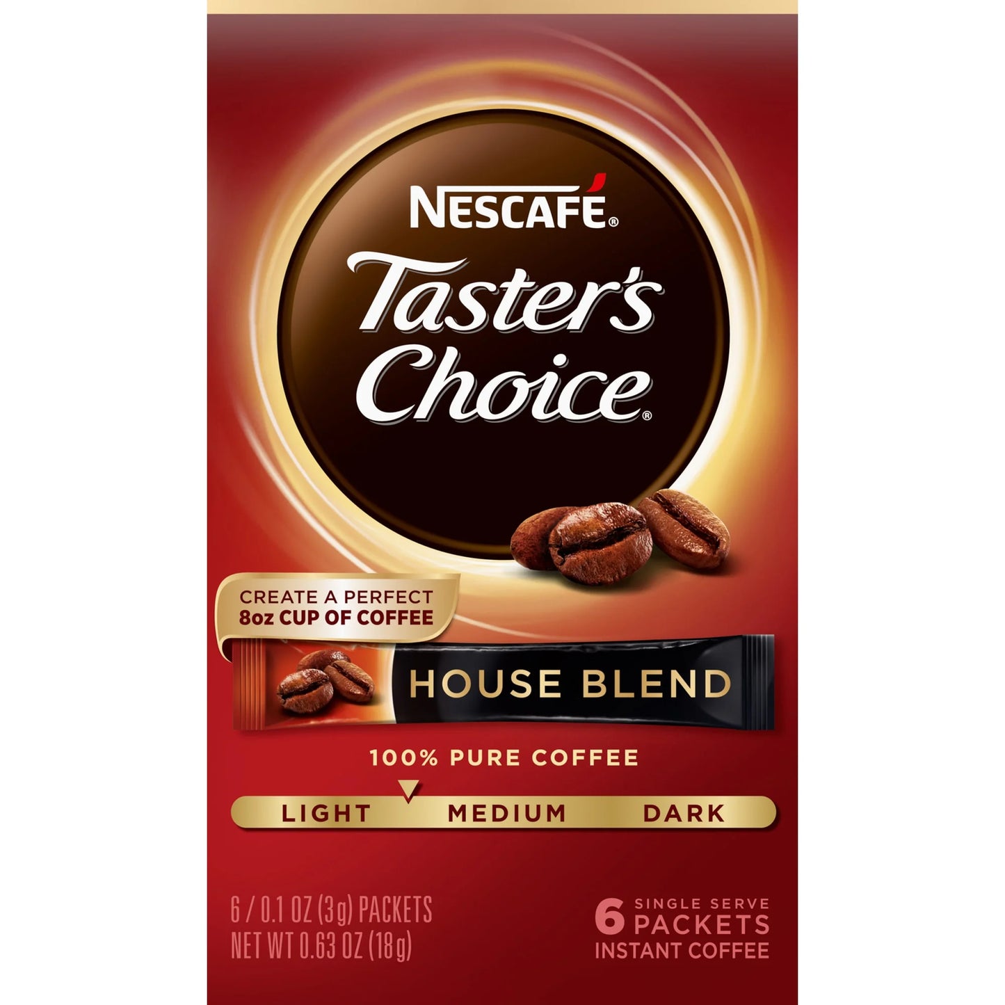 NESCAFE Taster's Choice House Blend Natural Light Medium Roast, Instant Coffee Single Serve Packets, 0.63oz 6 Count