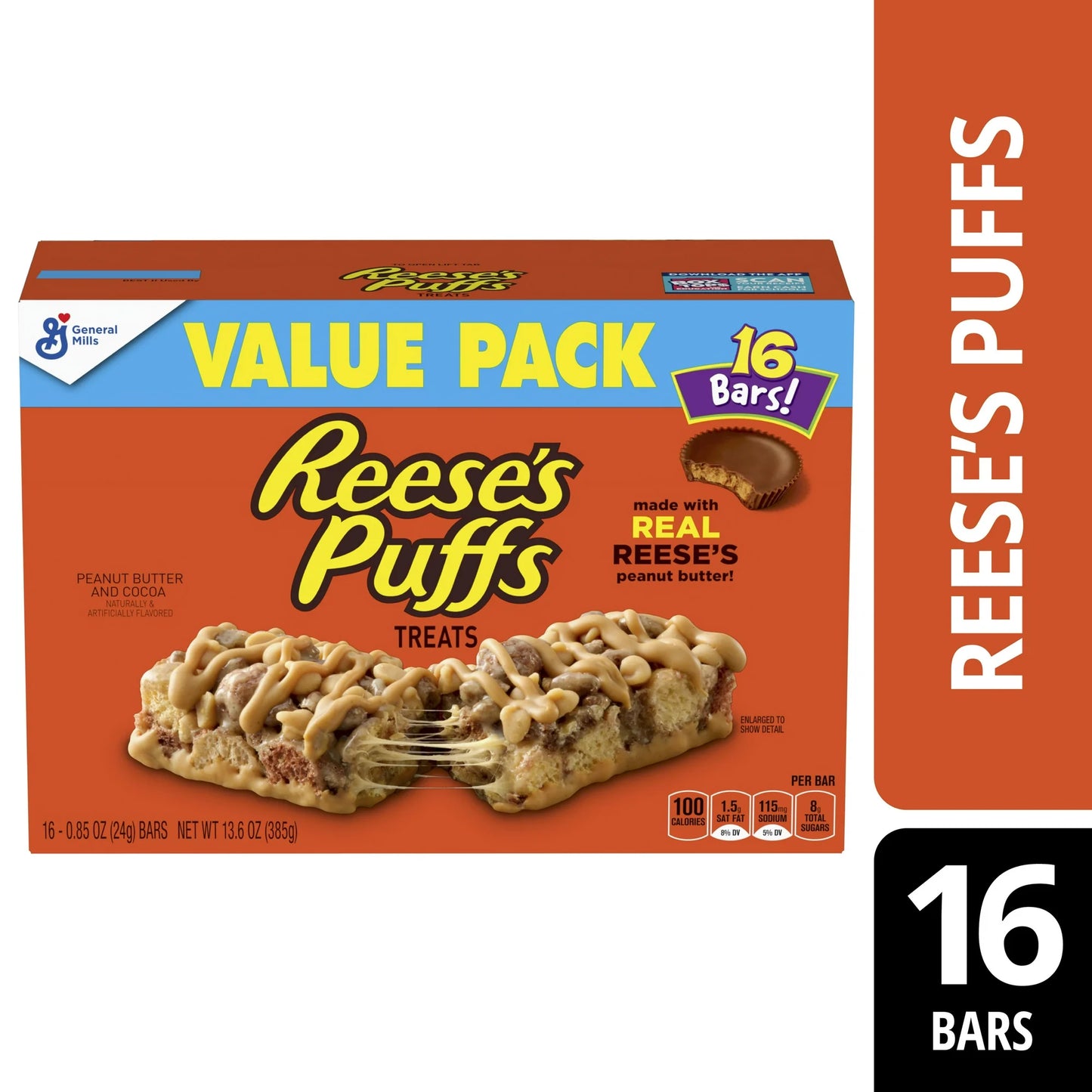 Reese's Puffs Breakfast Cereal Treat Bars, Peanut Butter & Cocoa, 13.6 oz, 16 ct