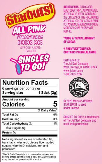 Starburst All Pink Strawberry Singles-To-Go Drink Mix Packets, 0.48oz 6-ct. Box