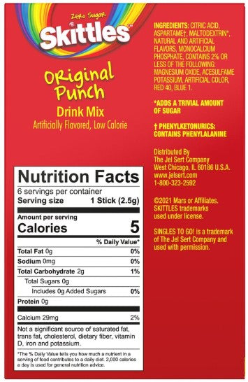 Skittles Singles To Go Drink Mix Original Rainbow Punch, 0.55oz 6 ct.