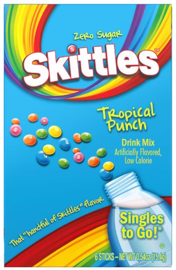 Skittles Zero Sugar Tropical Punch Singles-To-Go Drink Mix Packets, 0.54oz 6-ct.