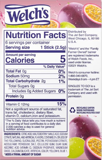 Welch's Passion Fruit Singles To-Go Low-Calorie Drink Mix, 0.53oz 6 ct.