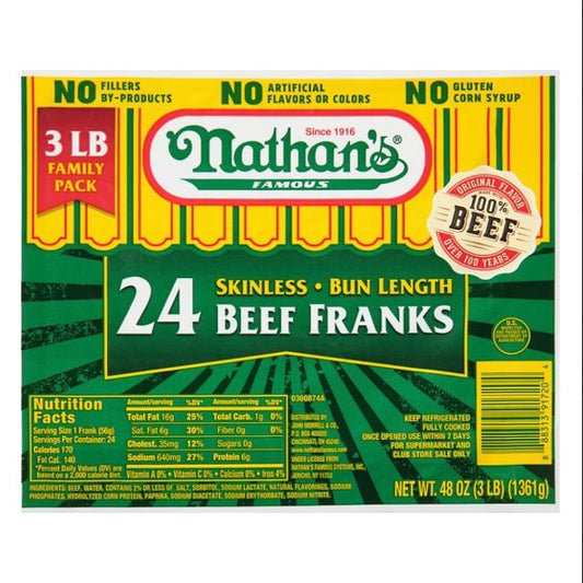 Nathan's Famous Skinless Beef Franks, 3 lbs