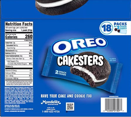 NABISKO Oreo cakesters Soft Snack Cakes, Snack Packs 2 ,per pk 18pks, 2 Lbs 6oz