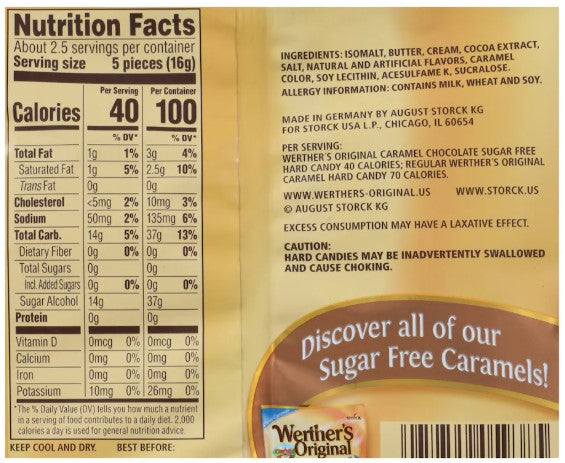 Werther's Original Sugar Free Caramel Chocolate Hard Candies, 1.46-oz. Bags