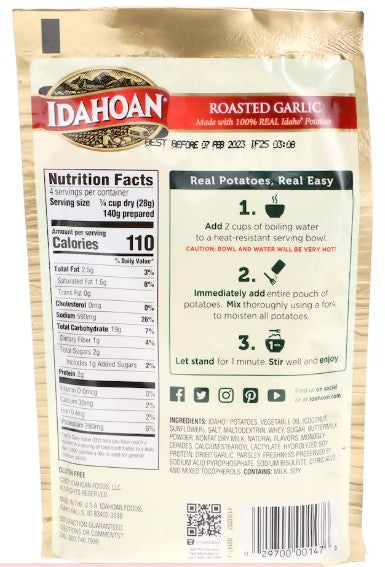 Idahoan Roasted Garlic Mashed Potatoes, 4-oz. Pouch