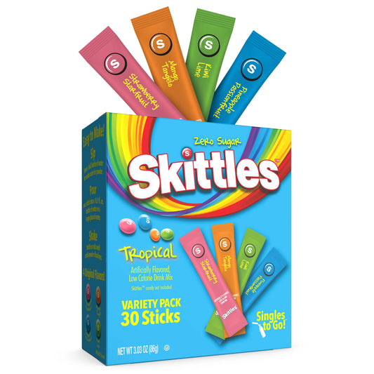 Skittles Zero Sugar Variety Pack Singles-to-Go Powdered Drink Mix, Tropical, 3.03oz, 30 Count Packets