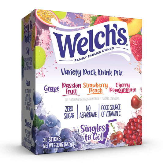 Welch's Drink Mix Variety Pack, Grape, Passion Fruit, Strawberry Peach, Cherry Pomegranate, 2.39oz, Zero Sugar 30 Sticks