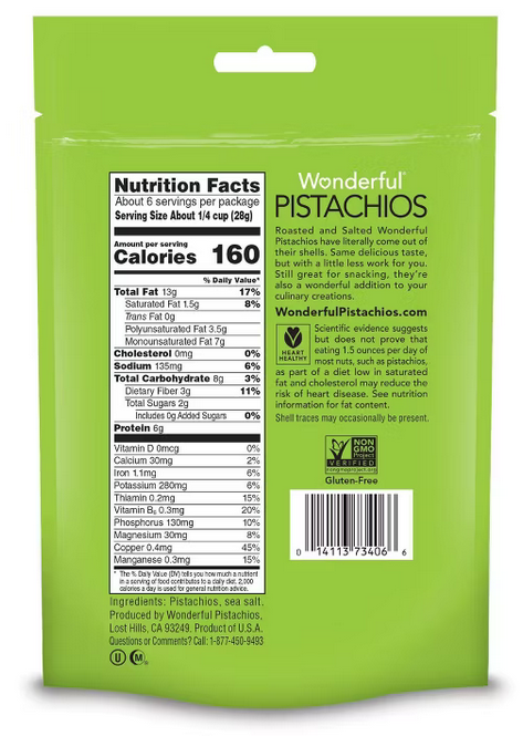 PISTACHIOS NO SHELLS ROASTED AND SALTED 6OZ