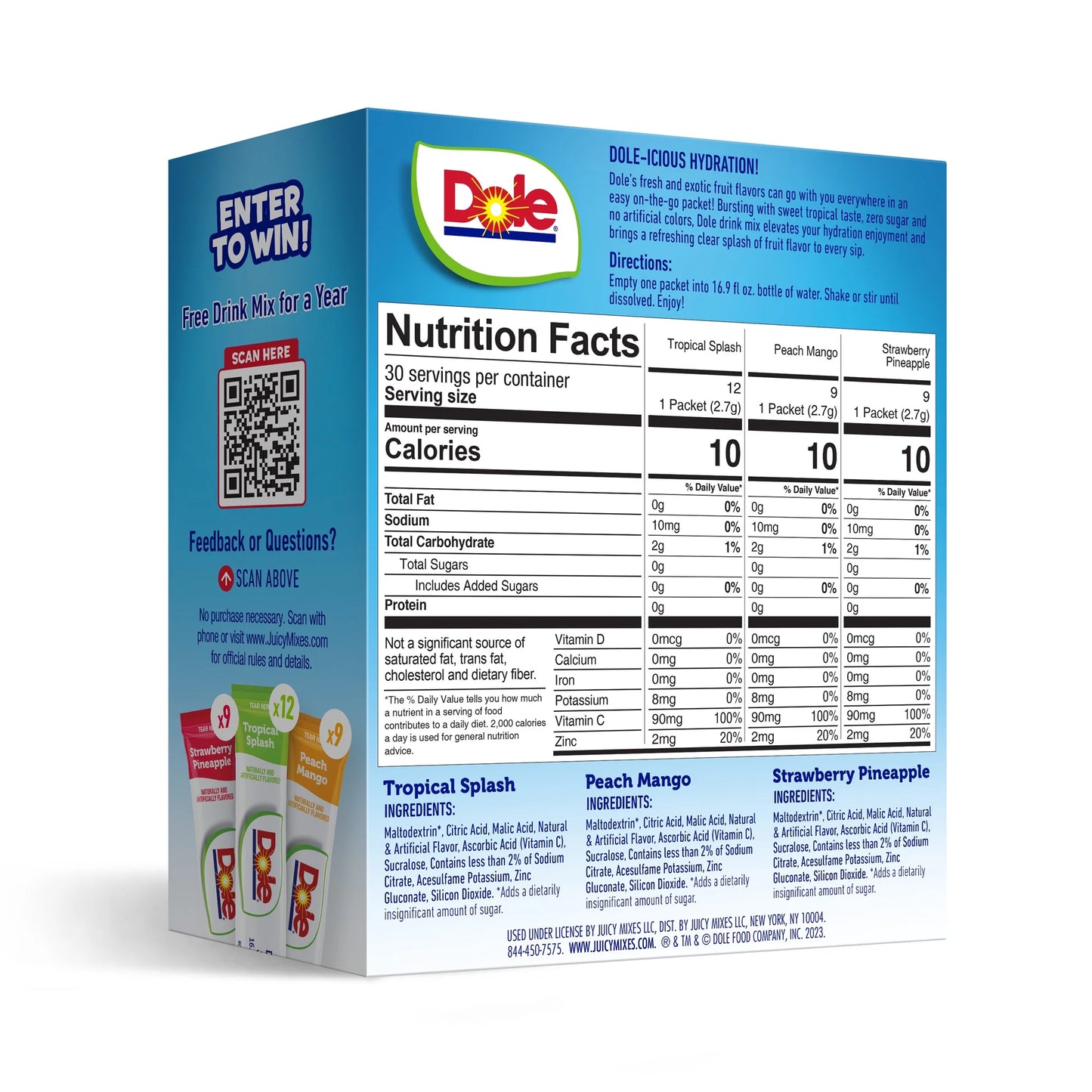 Dole Powder Drink Mix Variety Pack, Tropical, Peach Mango & Strawberry Pineapple, Sugar-Free, 2.85oz, 30 Ct