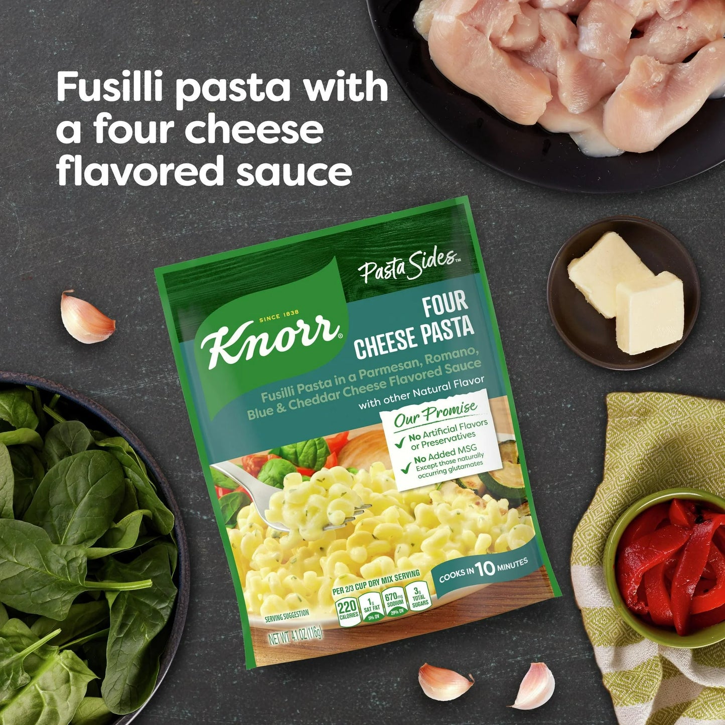 Knorr No Artificial Flavors Four Cheese Pasta Sides, 10 Minute Cook Time, 4.1 oz