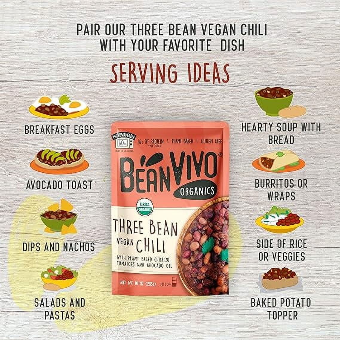 BeanVIVO Organics Three Bean Vegan Chili - Good Source of Fiber - Nutritious & Microwave Meals - Gluten-Free Plant Food - 10 oz Pouch