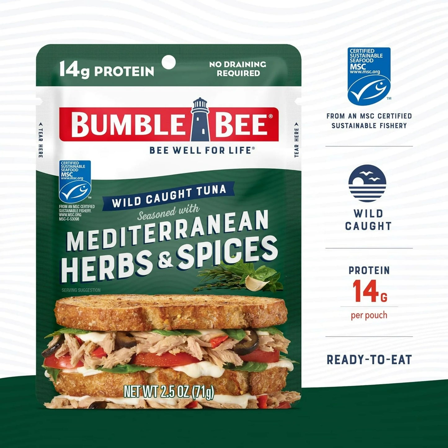 Bumble Bee, 16g Protein, Mediterranean Herbs & Spices Flavored Pouch Tuna, 2.5 oz