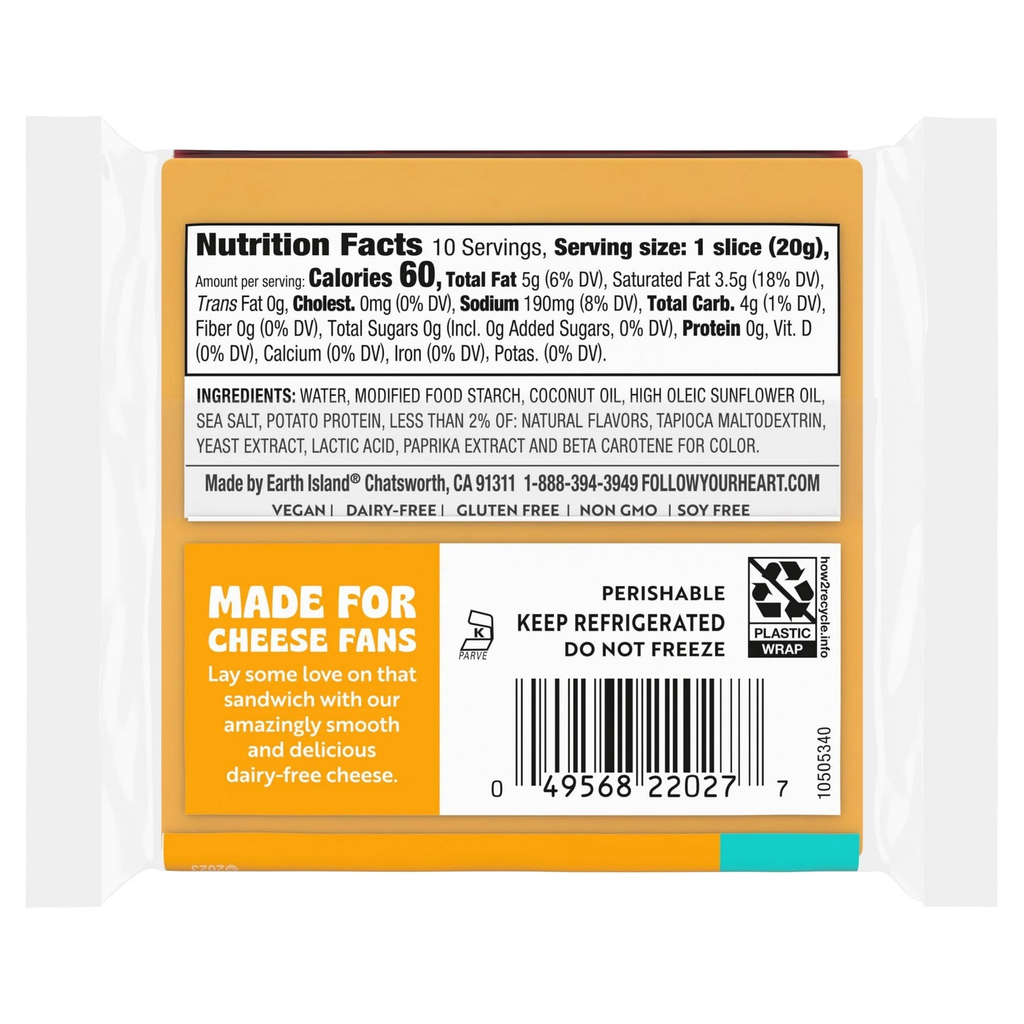 Follow Your Heart Gluten Free, Vegan, American Style Dairy Free Cheese Slices Pack, 7oz, 10 Count