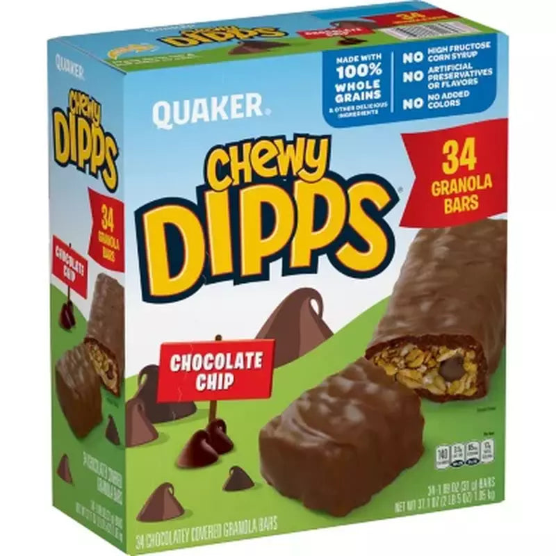 Quaker Chewy Dipps Granola Bars, Chocolate Chip, 2 lb 5.1oz, 34 pk.