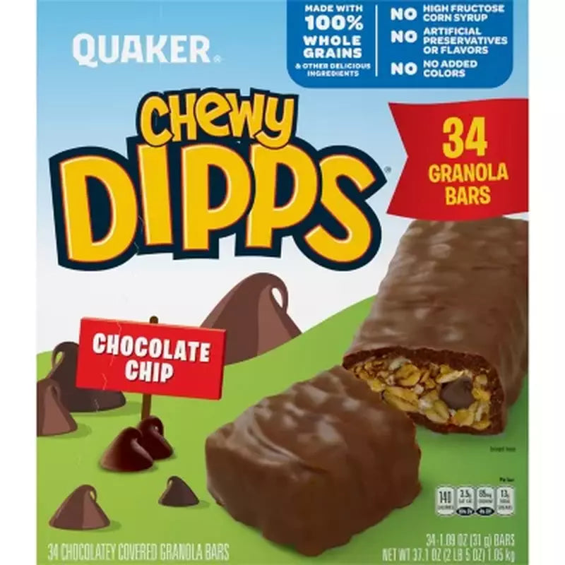 Quaker Chewy Dipps Granola Bars, Chocolate Chip, 2 lb 5.1oz, 34 pk.