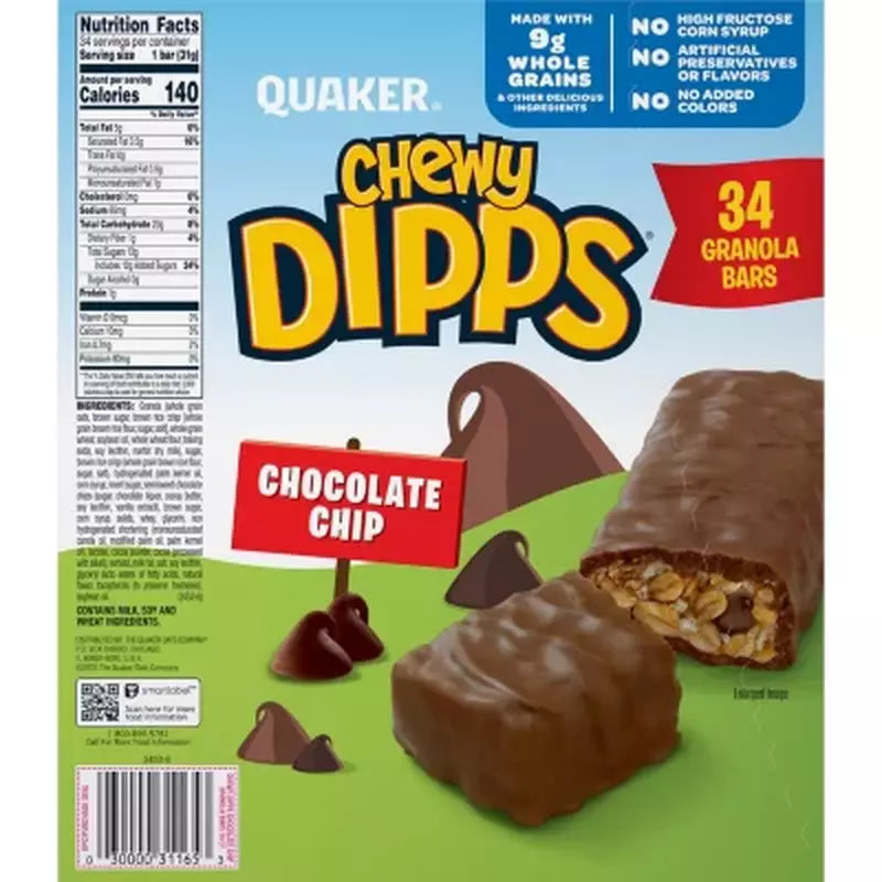 Quaker Chewy Dipps Granola Bars, Chocolate Chip, 2 lb 5.1oz, 34 pk.